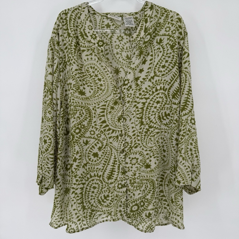 White stag 26/28W green White sheer button up Artsy Paisley Careerwear Office